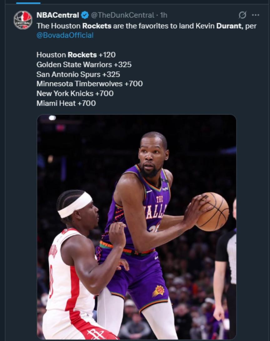 難道說？美媒曬杜蘭特下家賠率，火箭大幅度領(lǐng)跑！